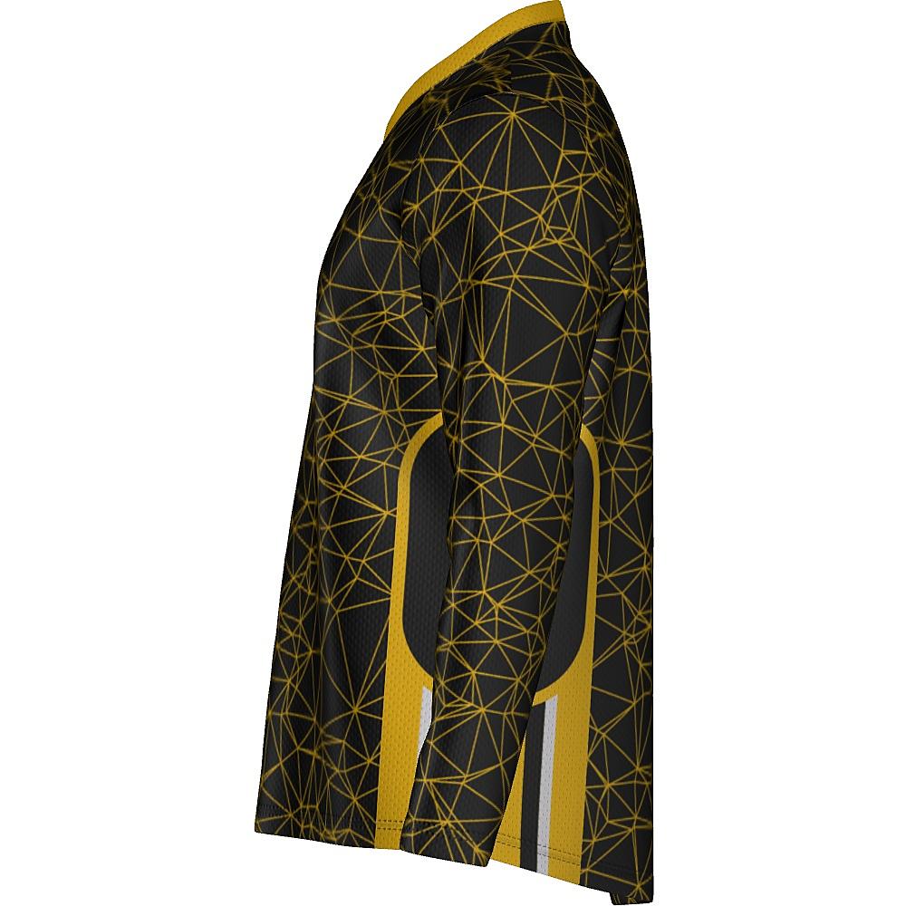 Black long-sleeve shirt with yellow geometric design on a white background