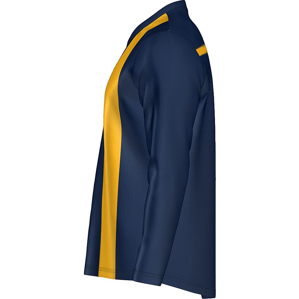 Navy long-sleeve shirt with yellow stripes on a white background