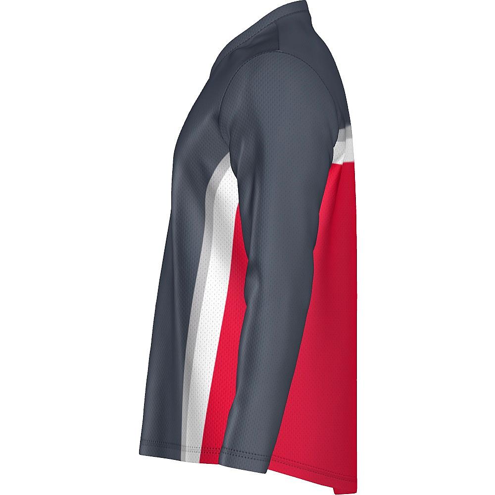 Grey long-sleeve shirt with white and red accents on a white background