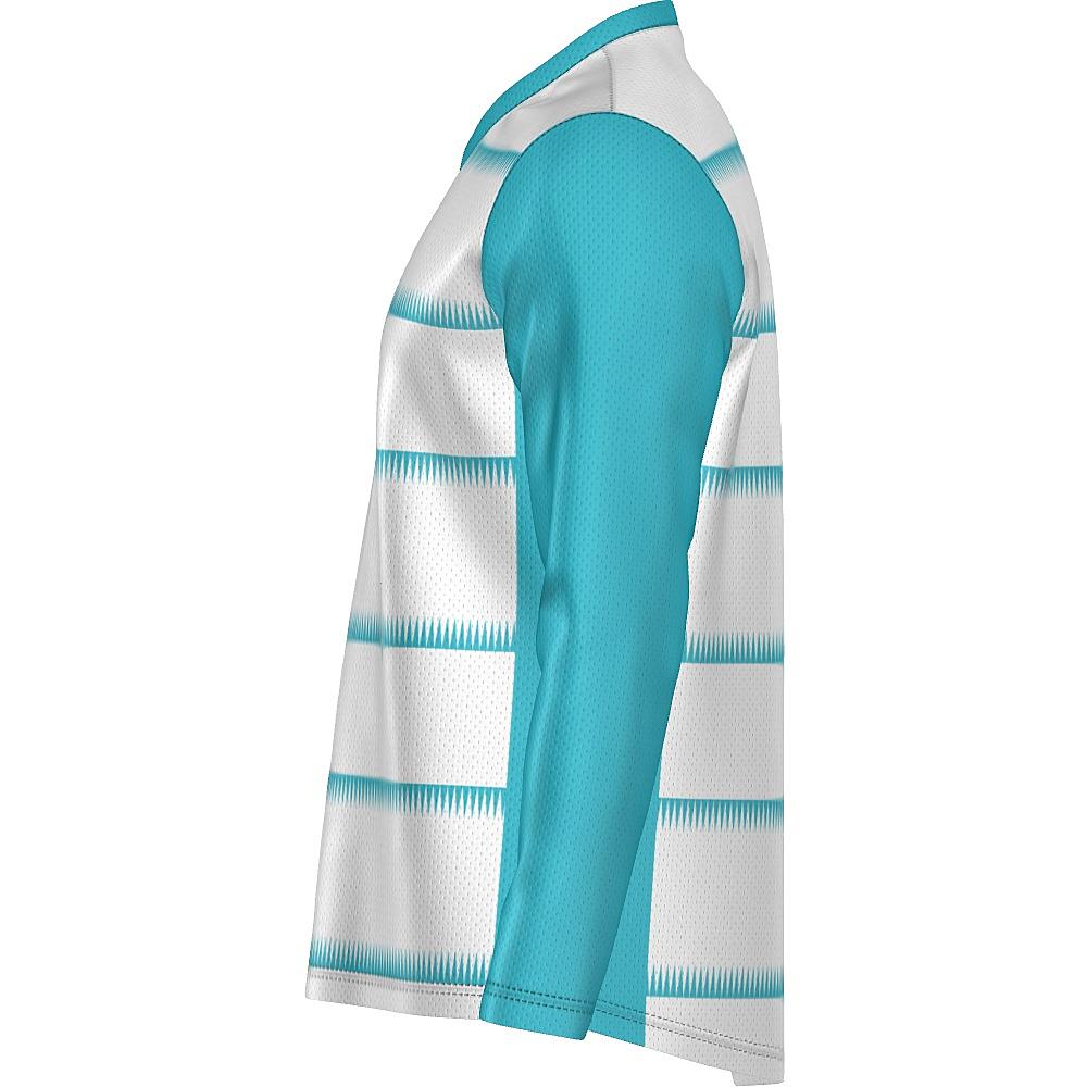White long-sleeve shirt with teal sleeves and sawtooth stripes