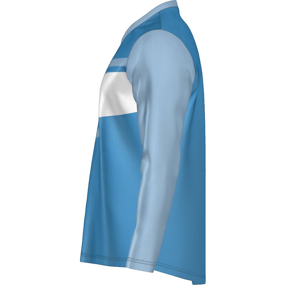 Blue long-sleeve shirt with contrasting sleeves and white horizontal stripe on a white background