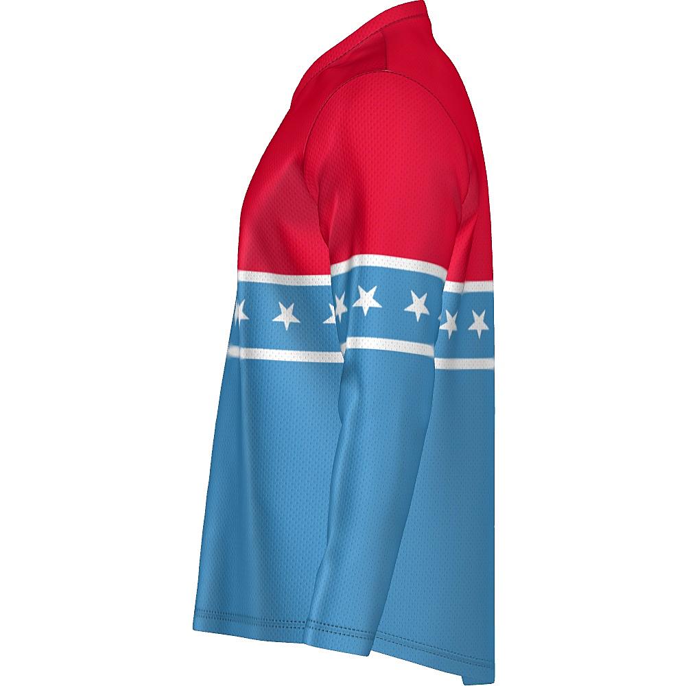 Blue and red long-sleeve shirt with white stars and stripes on a white background
