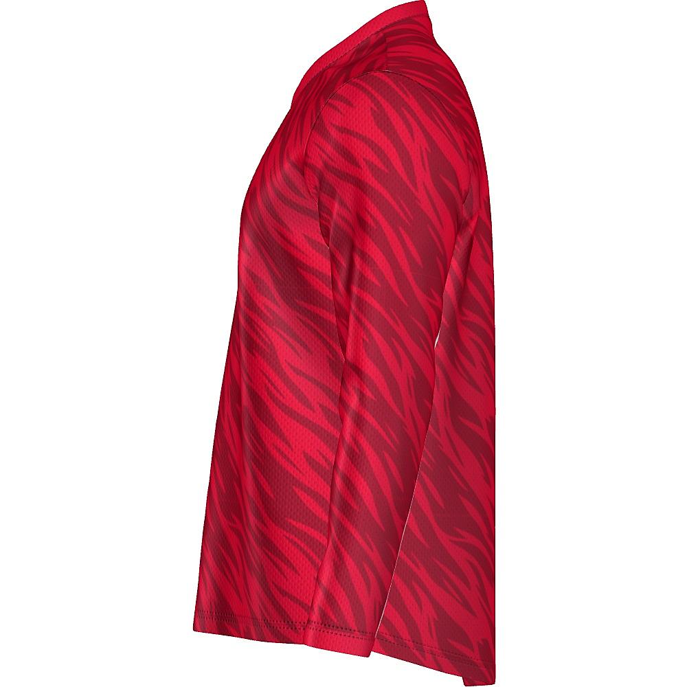 Red long-sleeve shirt with wavy design and white accents on a white background