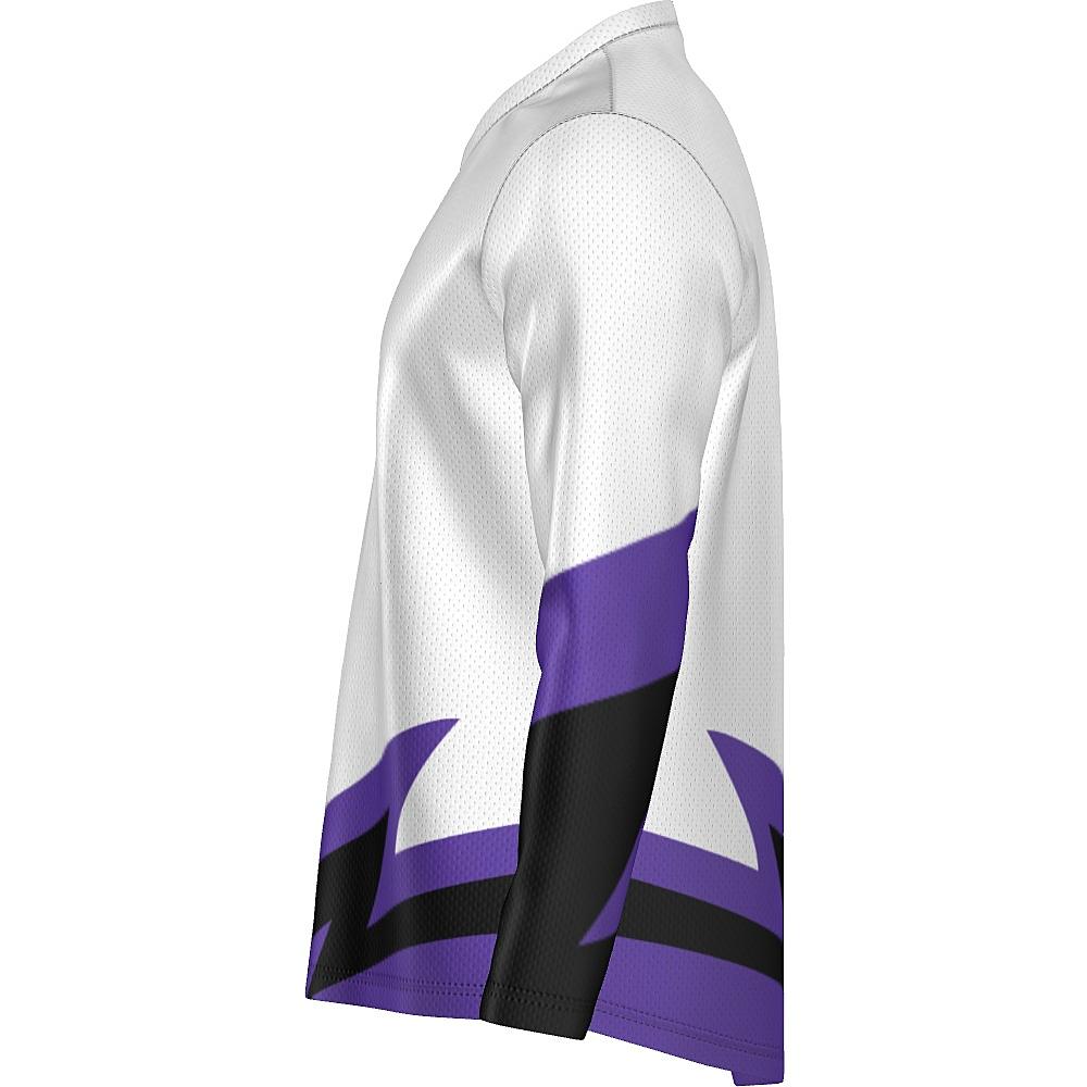 White long-sleeve shirt with black and purple accents on a white background
