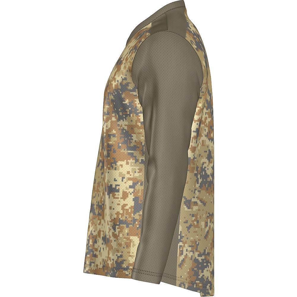 Earth-tone long-sleeve shirt with digital camo design on a white background