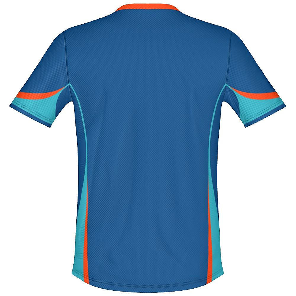 Blue shirt with teal and orange accents on a white background