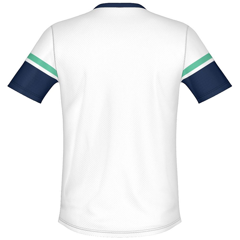 White shirt with navy and green accents on a white background
