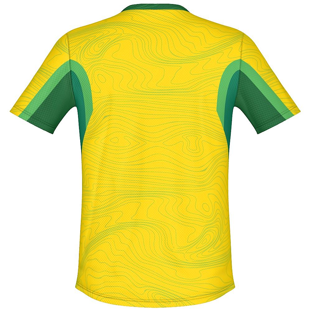Yellow shirt with topography design and green accents on a white background