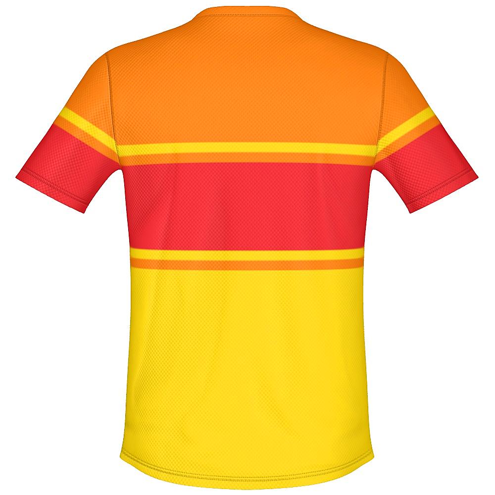 Red, orange and yellow shirt on a white background