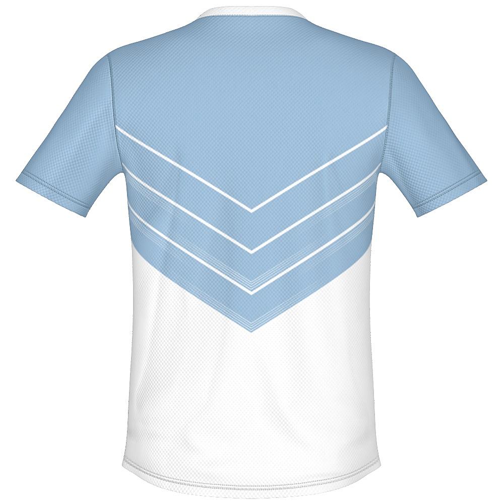 Blue and white shirt with chevron design on a white background