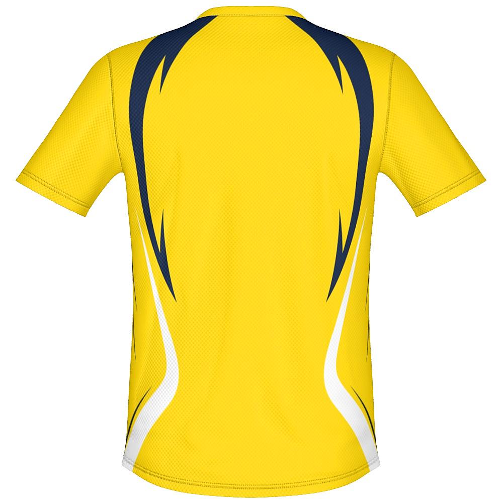 Yellow shirt with navy and white accents on a white background