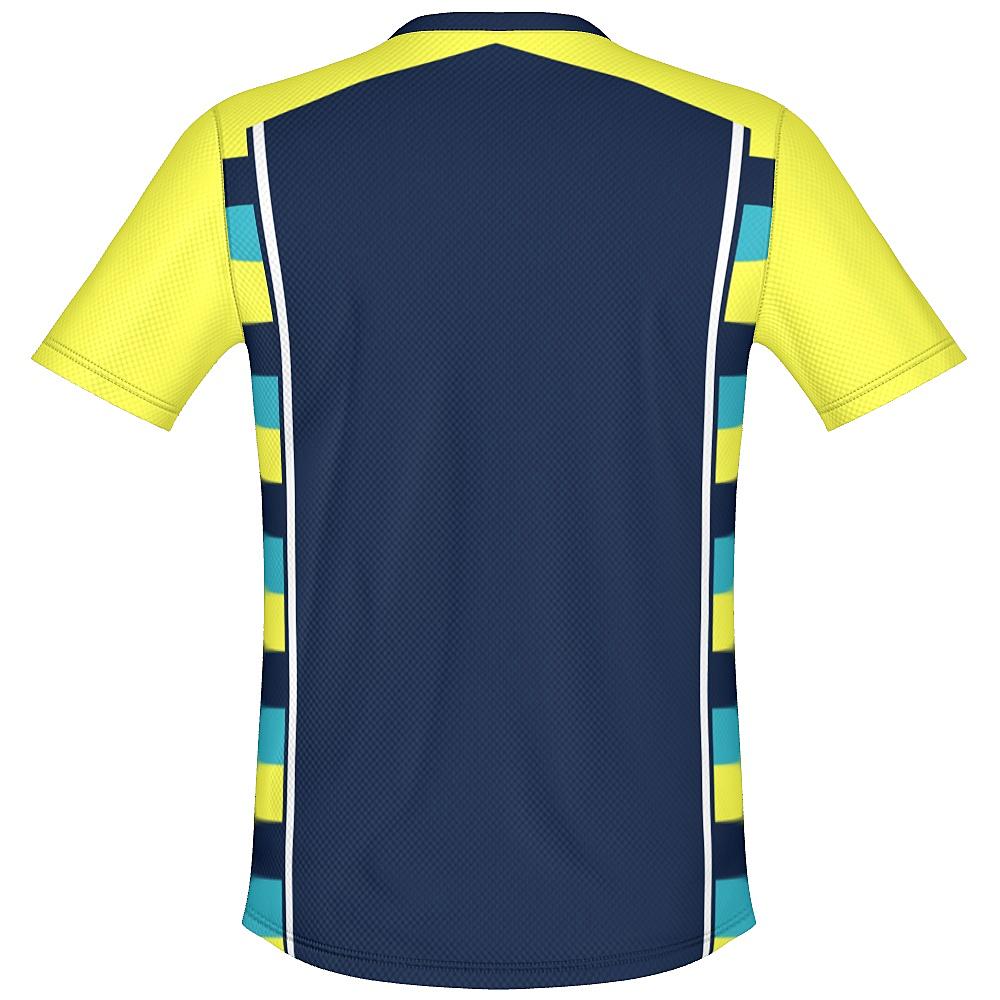 Navy shirt with yellow sleeves and striped side panels on a white background