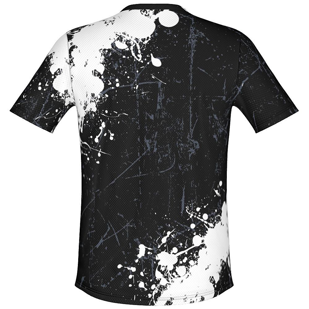 Black shirt with white and grey distressed design on a white background