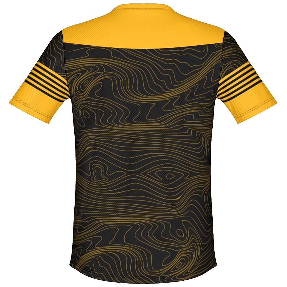 Black shirt with yellow accents and topographic design on a white background