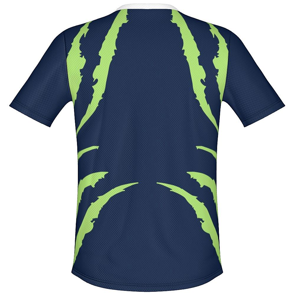 Blue shirt with green accents on a white background