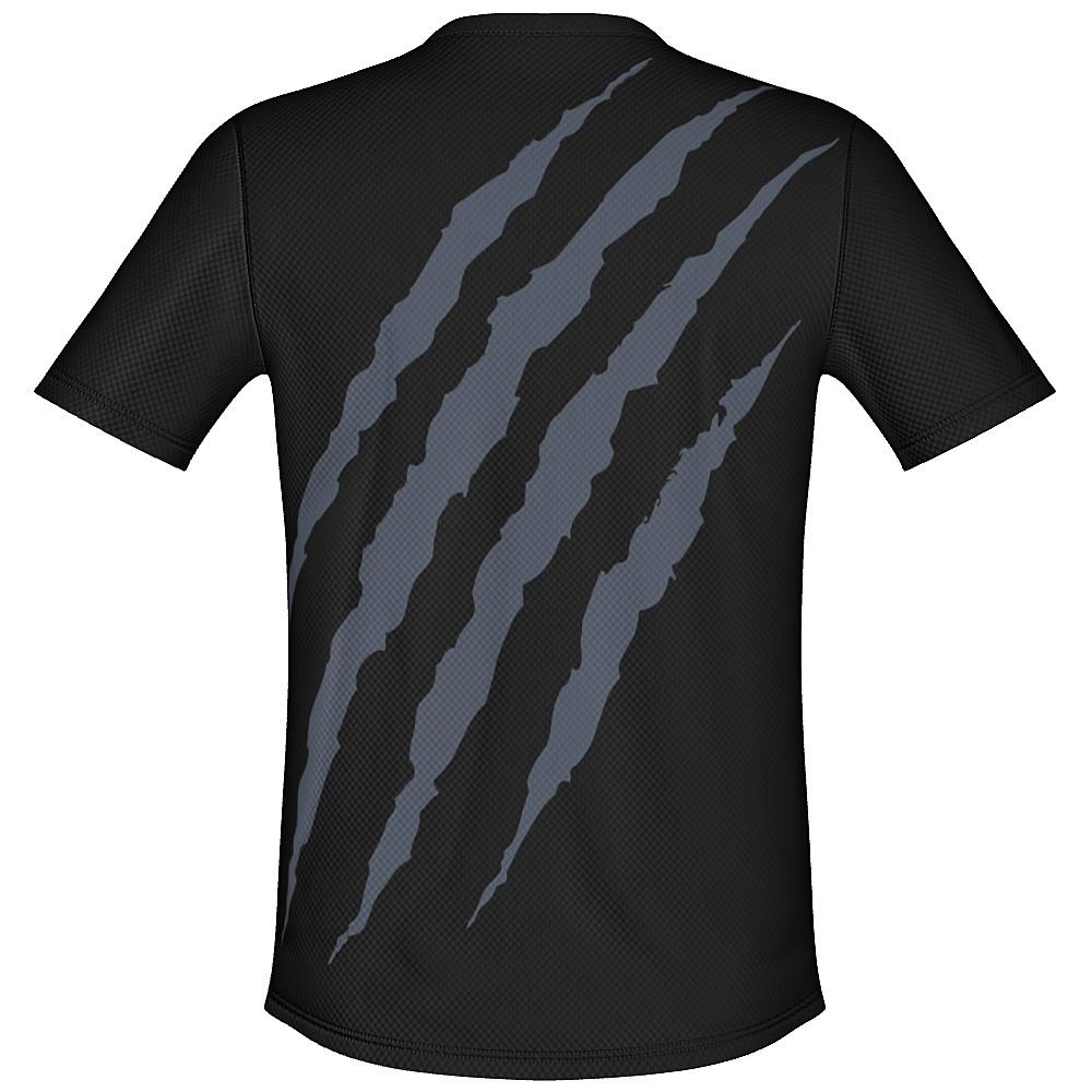 Black shirt with grey claw-mark design on a white background