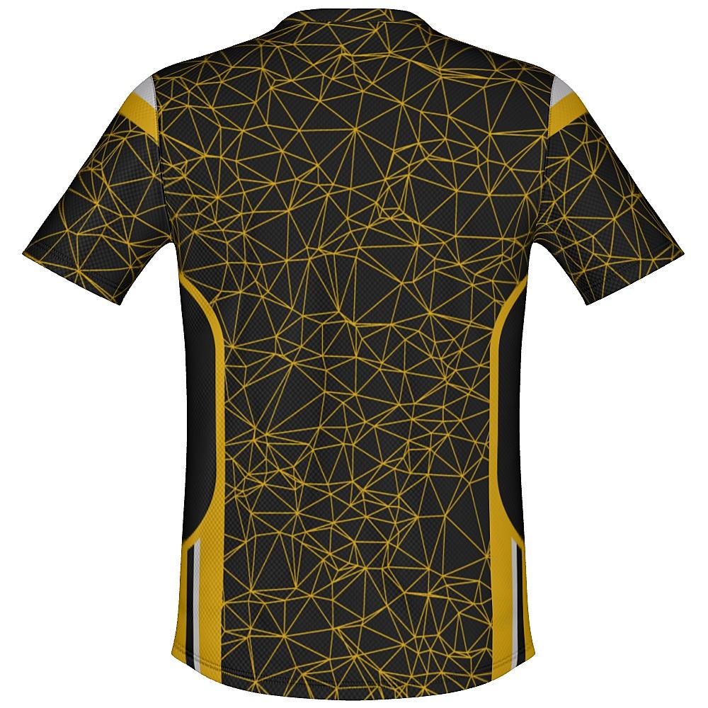 Black shirt with yellow geometric design on a white background