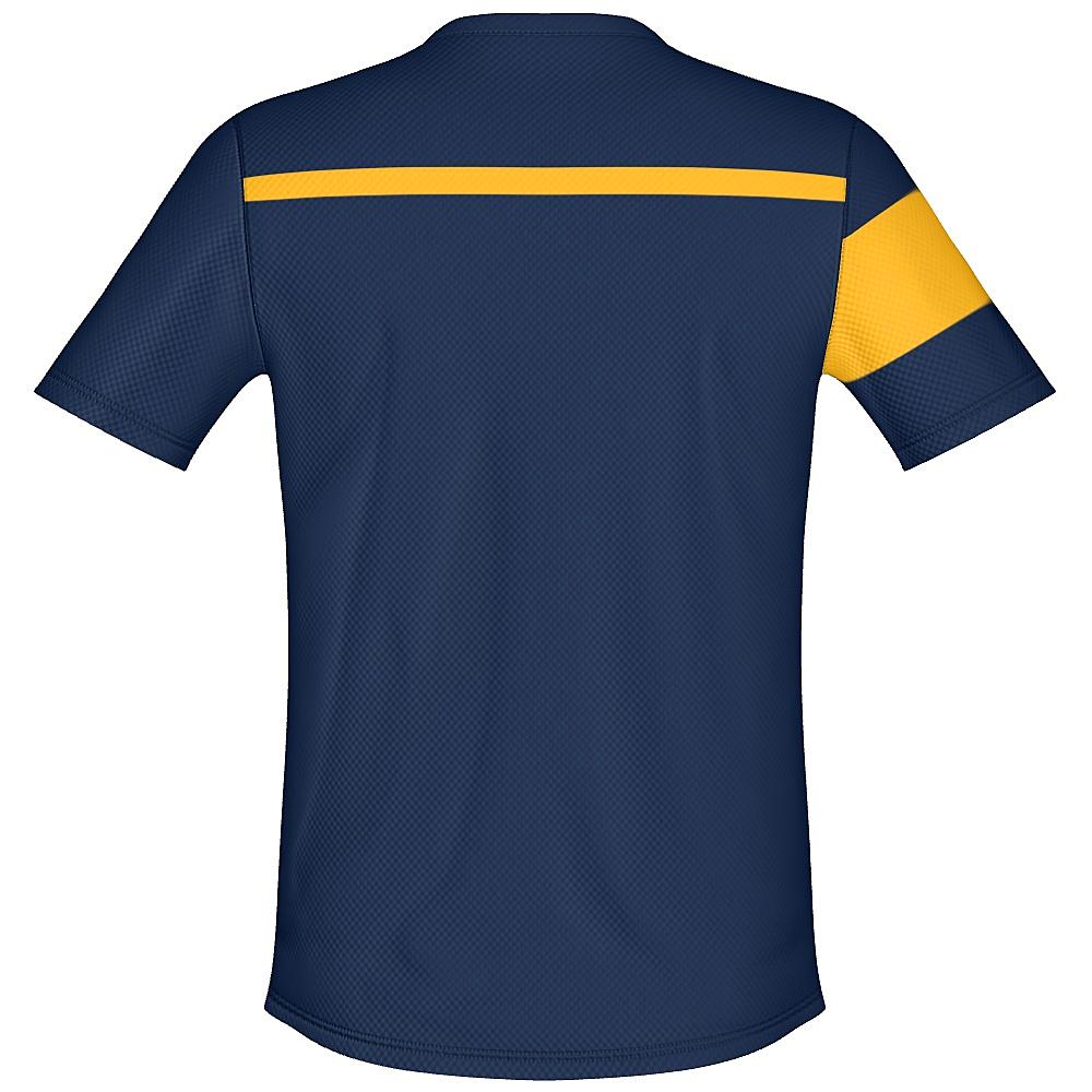 Navy shirt with yellow stripes on a white background