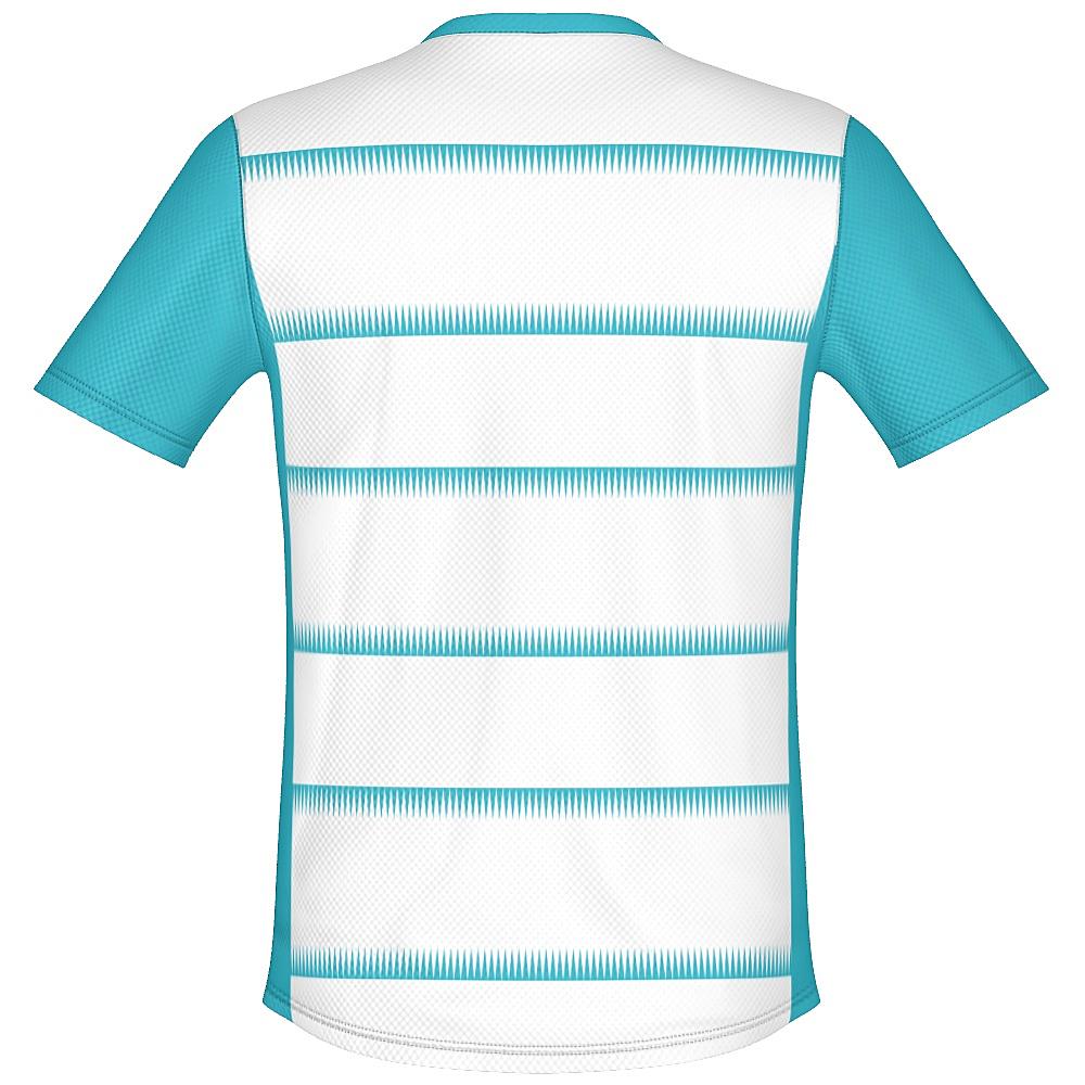 White shirt with teal sleeves and sawtooth stripes