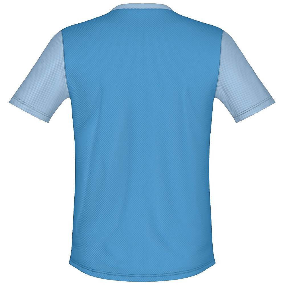 Blue shirt with contrasting sleeves and white horizontal stripe on a white background