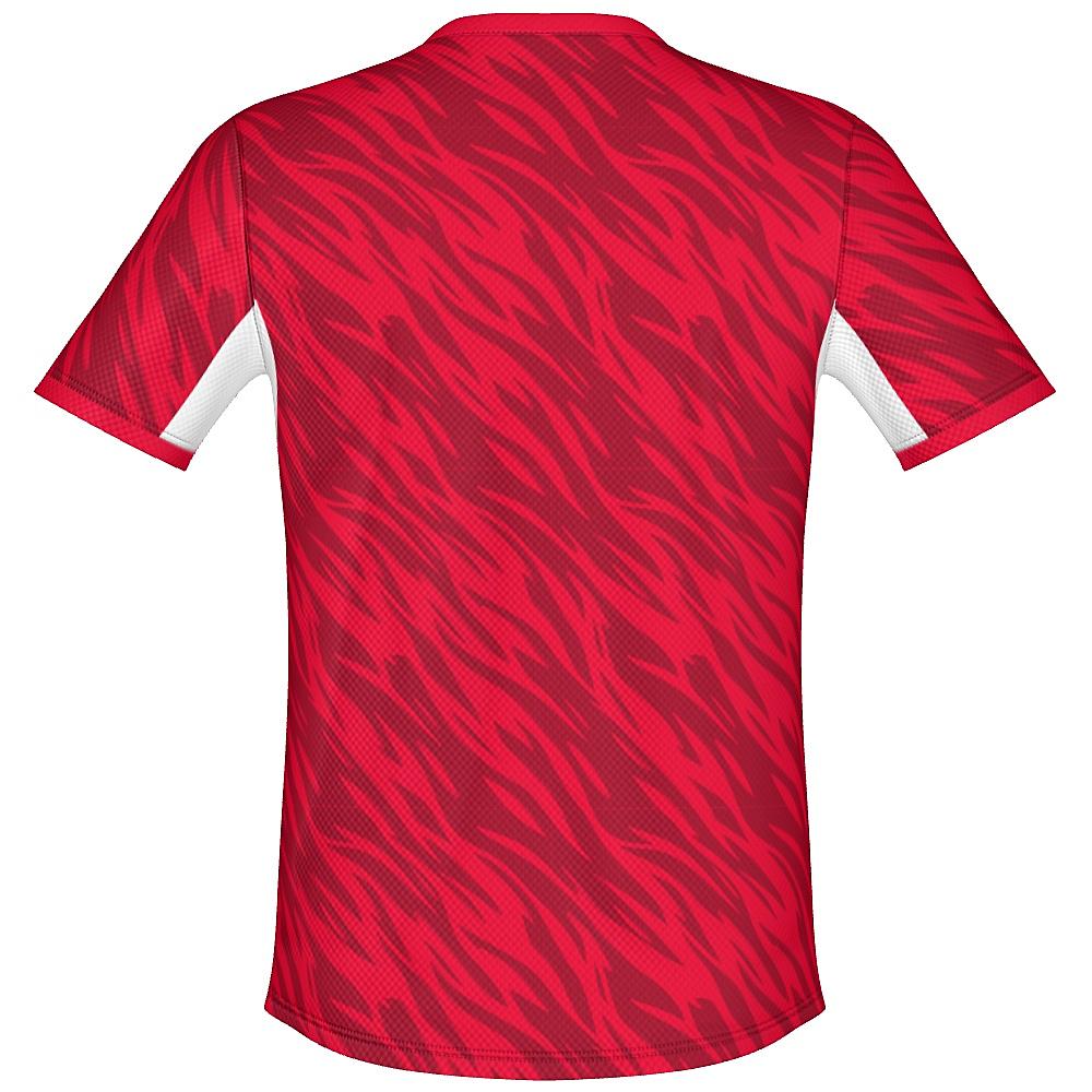 Red shirt with wavy design and white accents on a white background