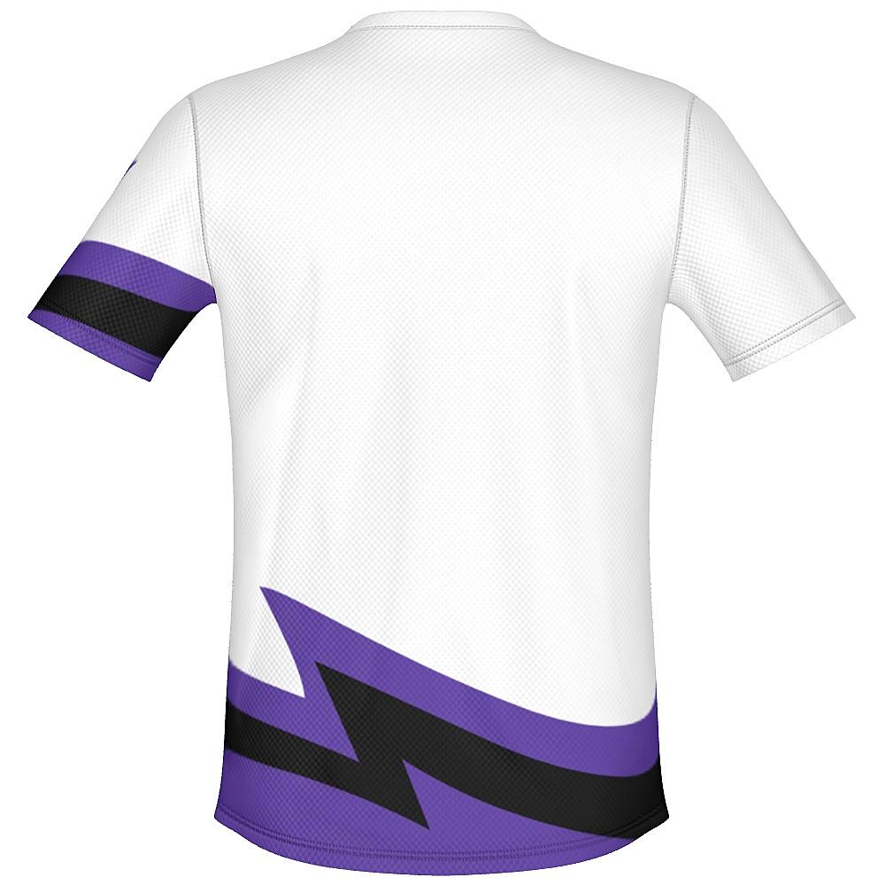 White shirt with black and purple accents on a white background