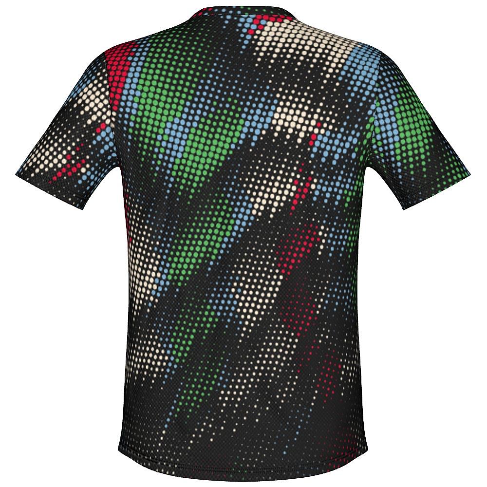 Black shirt with multicolored dot pattern on a white background