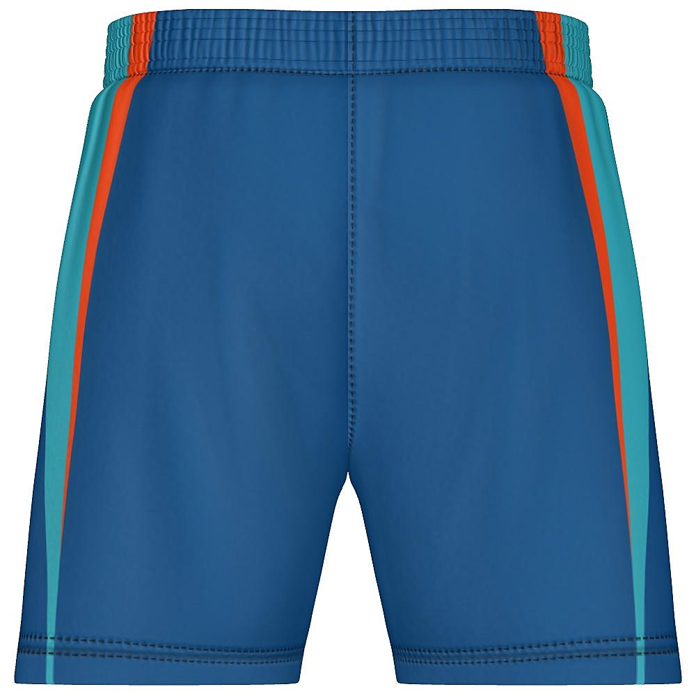 Blue shorts with teal and orange accents on a white background