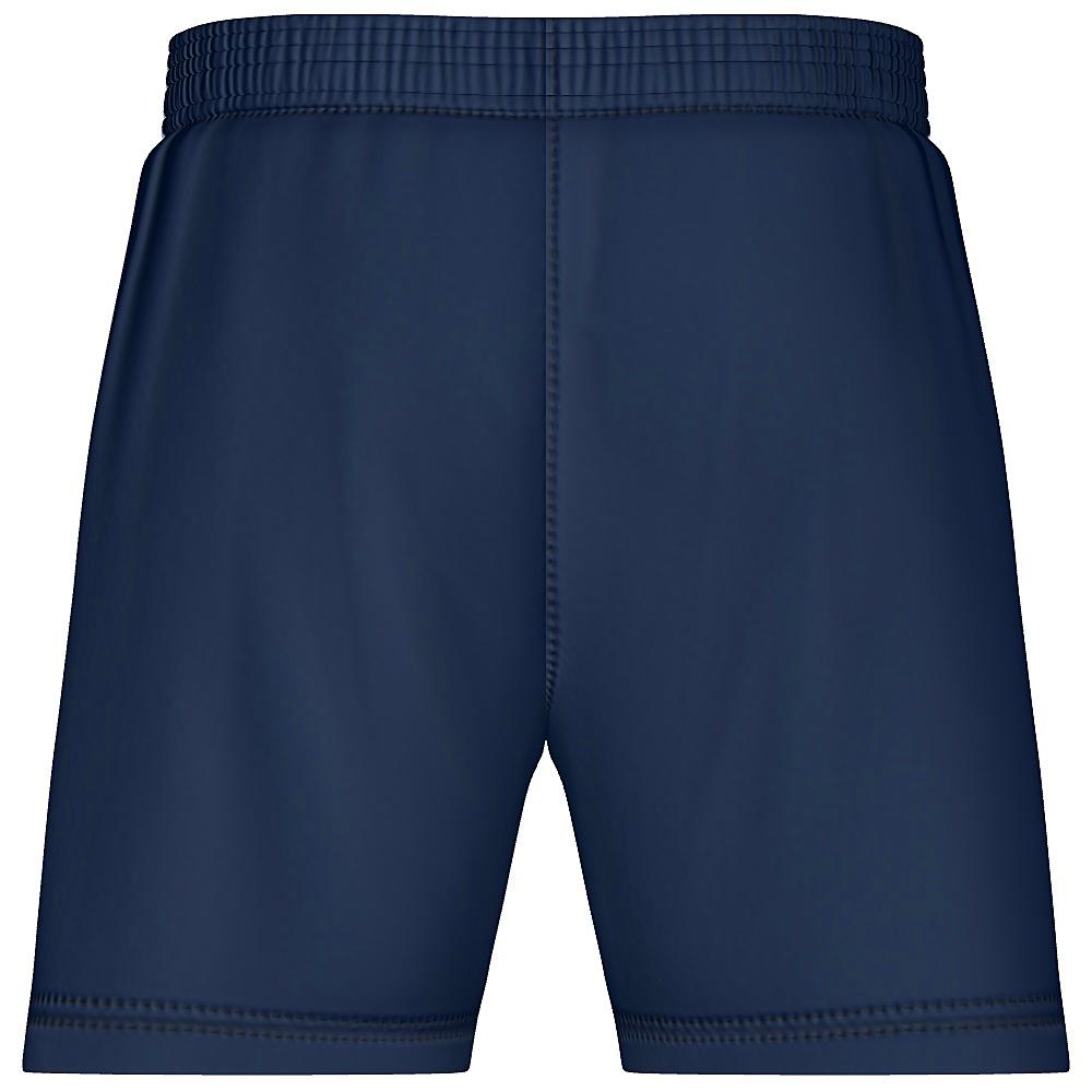 Navy shorts with white side stripe on a white background