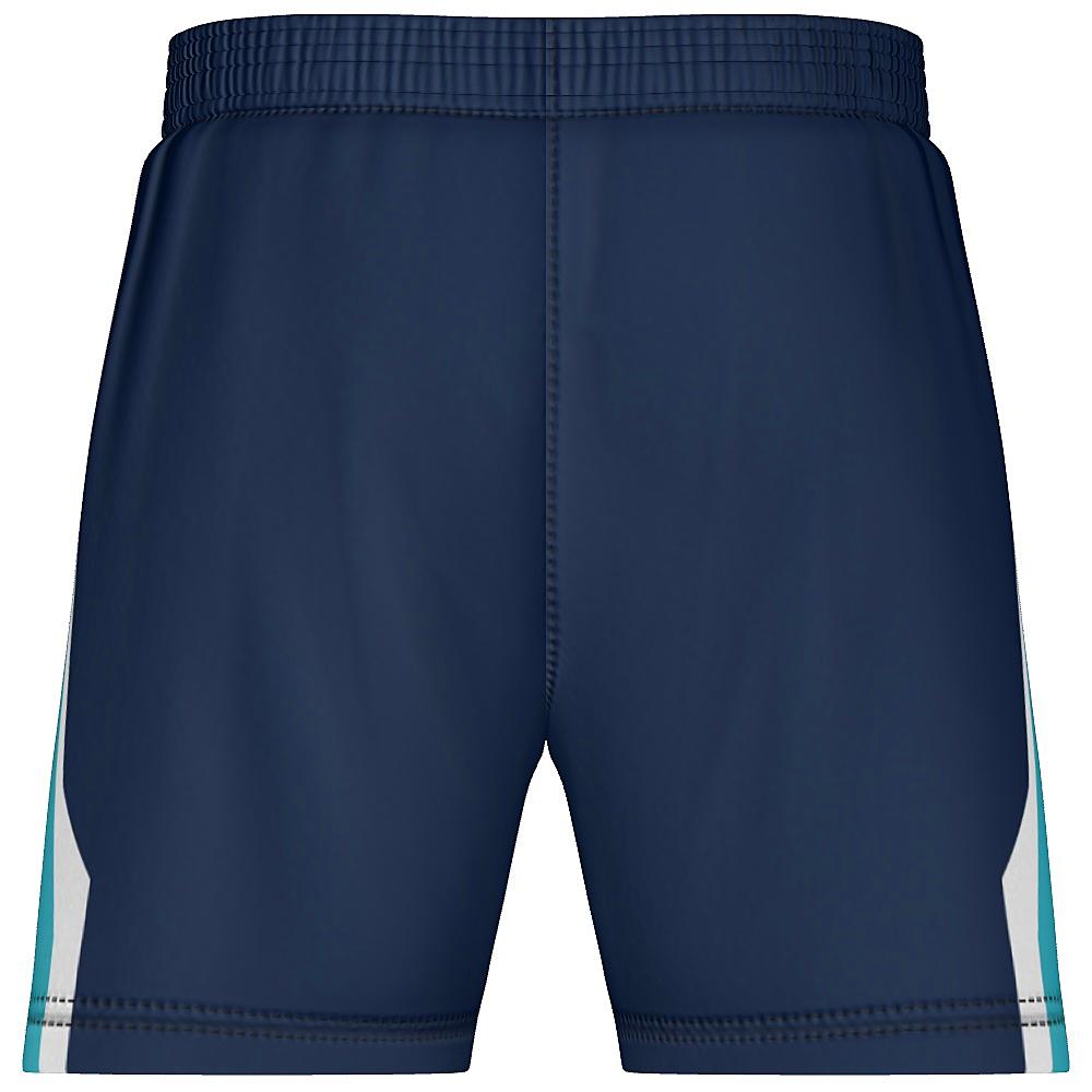 Navy shorts with light blue and white accents on a white background