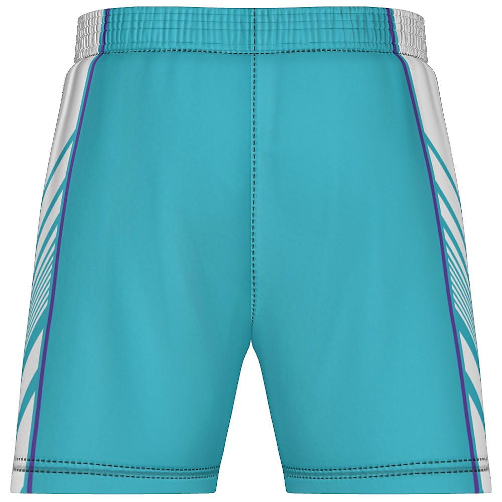 Teal shorts with white and purple side panels on a white background
