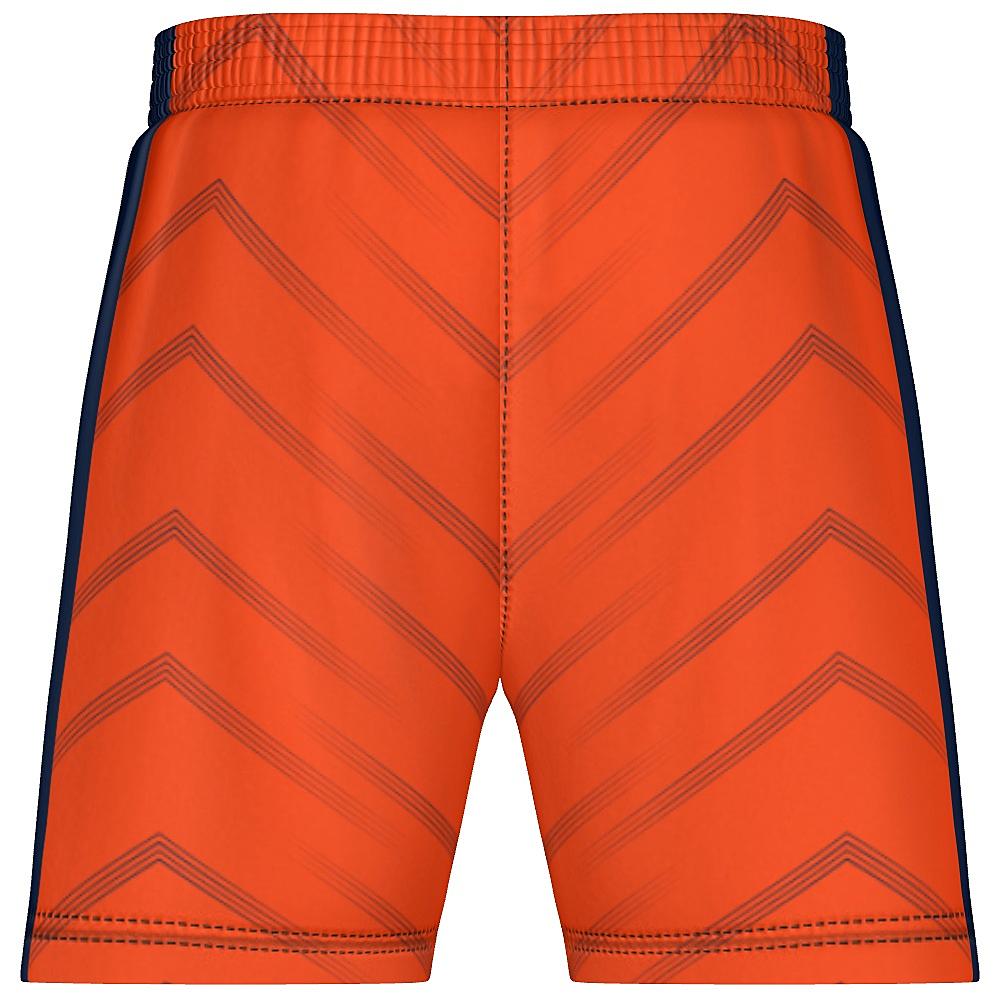 Orange shorts with navy accents and chevron design on a white background