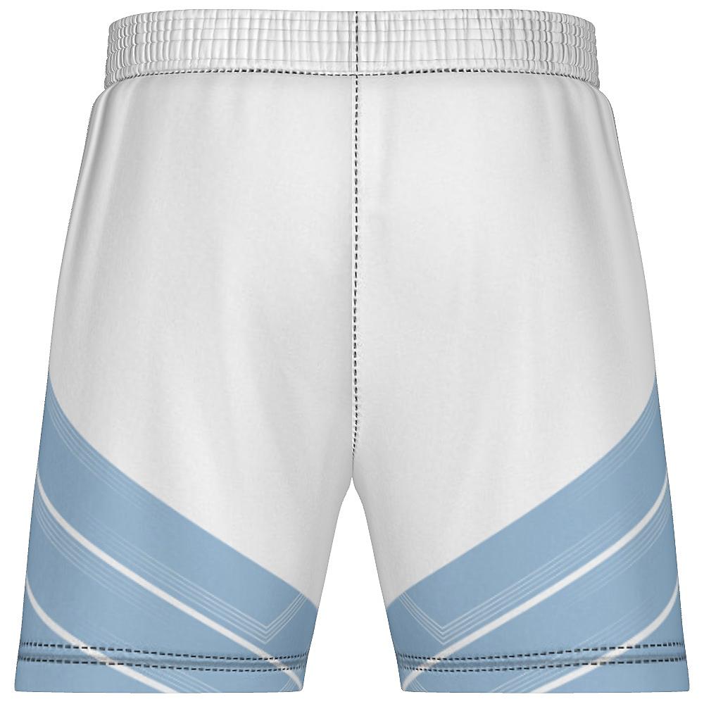 Blue and white shorts with chevron design on a white background