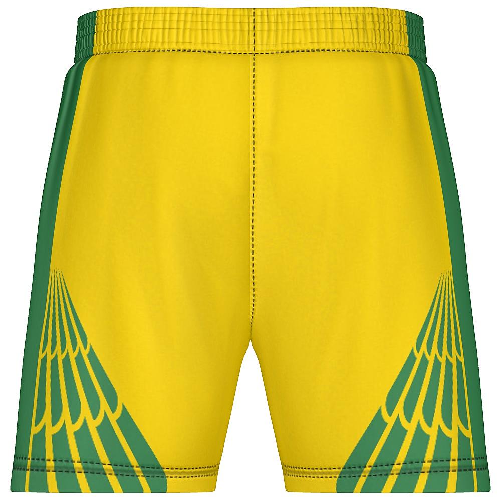 Yellow and green shorts with feather design on lower legs