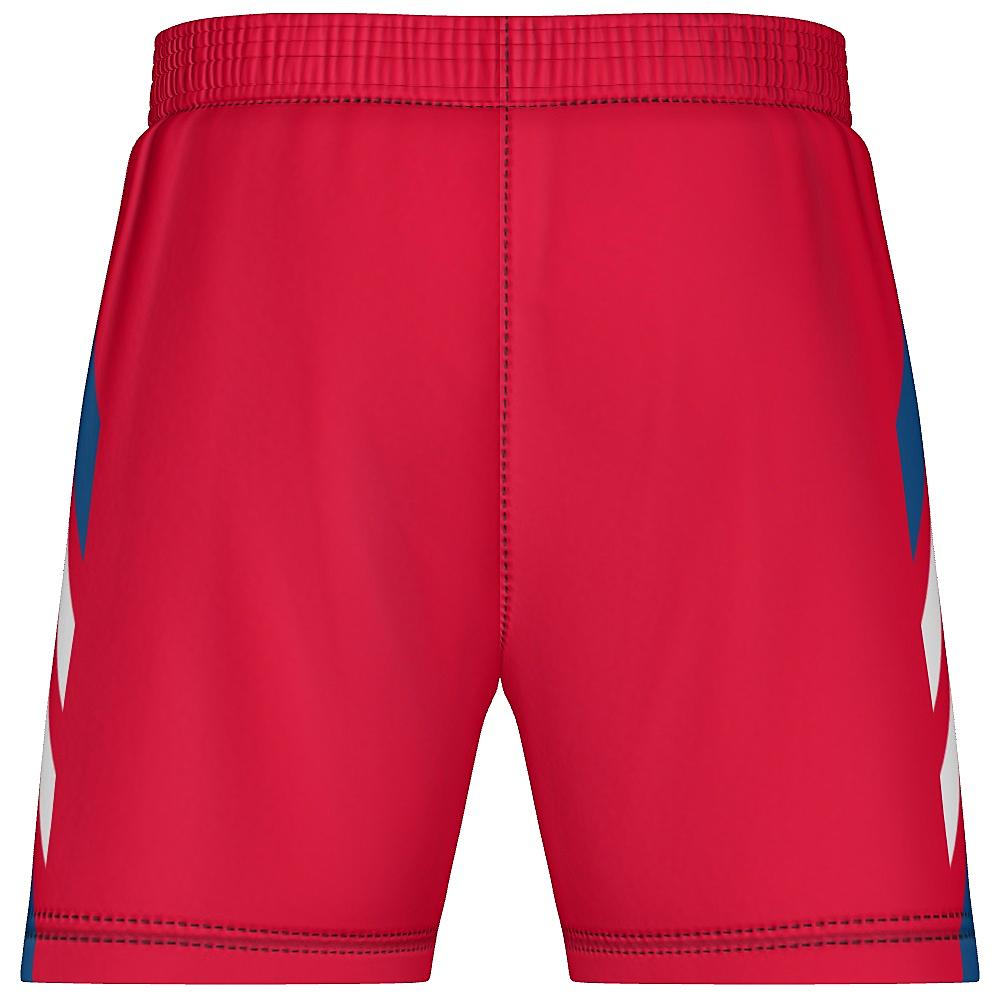 Red shorts with blue and white accents on a white background