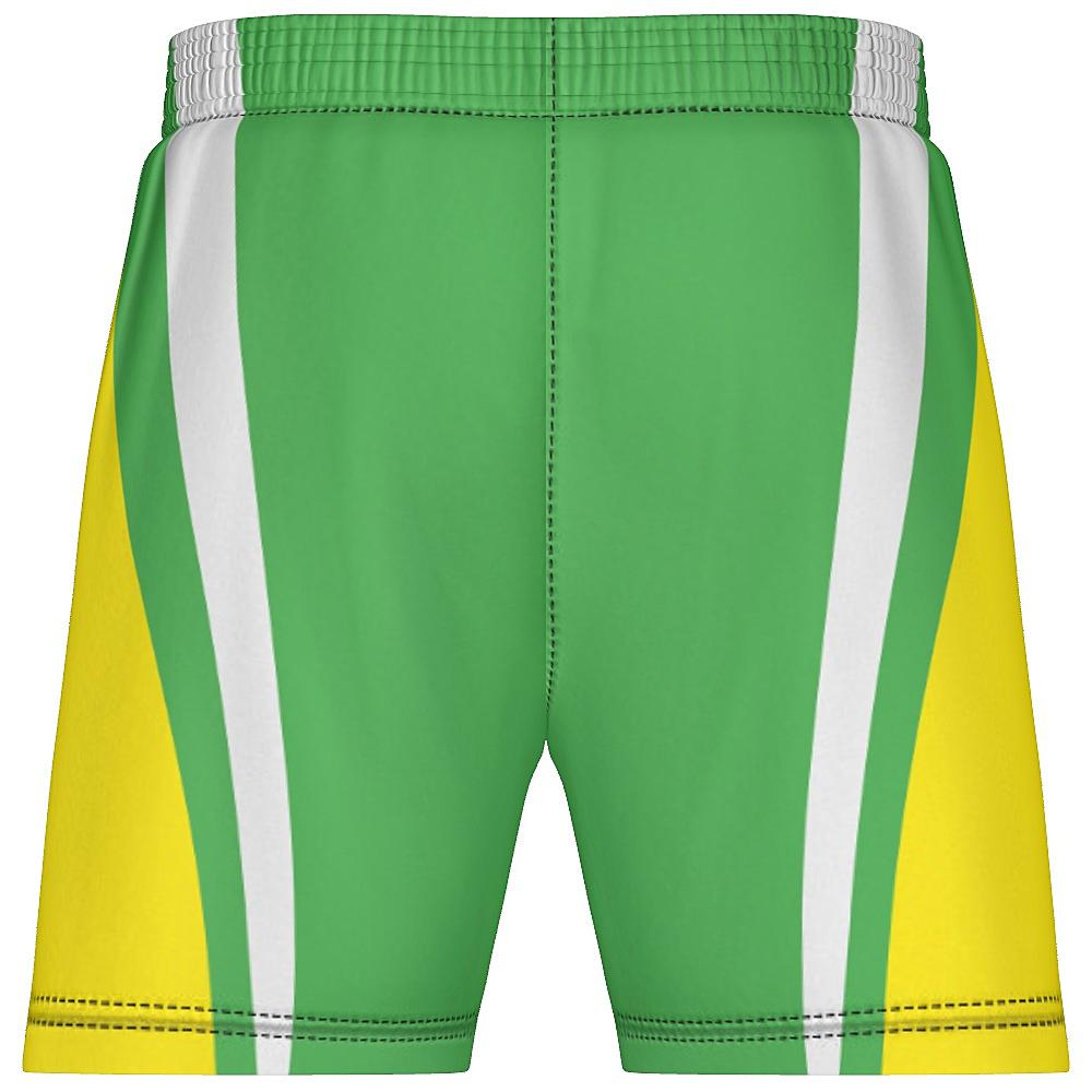 Green shorts with yellow and white accents on a white background
