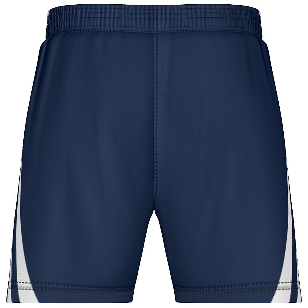 Navy shorts with white and yellow accents on a white background