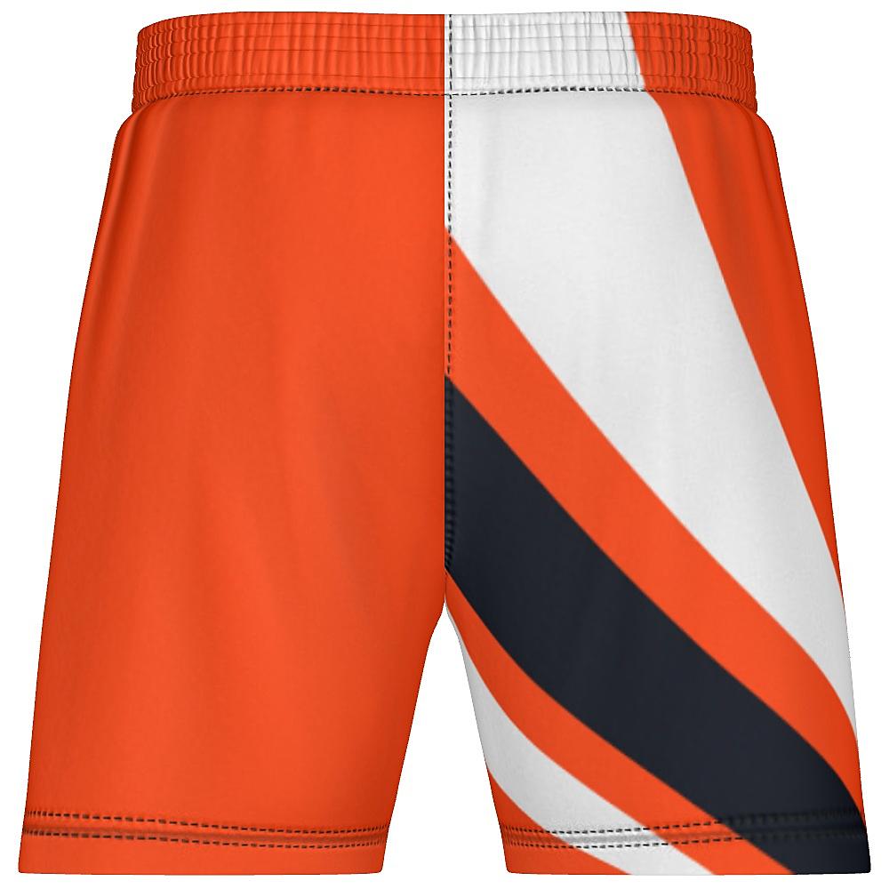 Orange shorts with white and black curved stripes on a white background