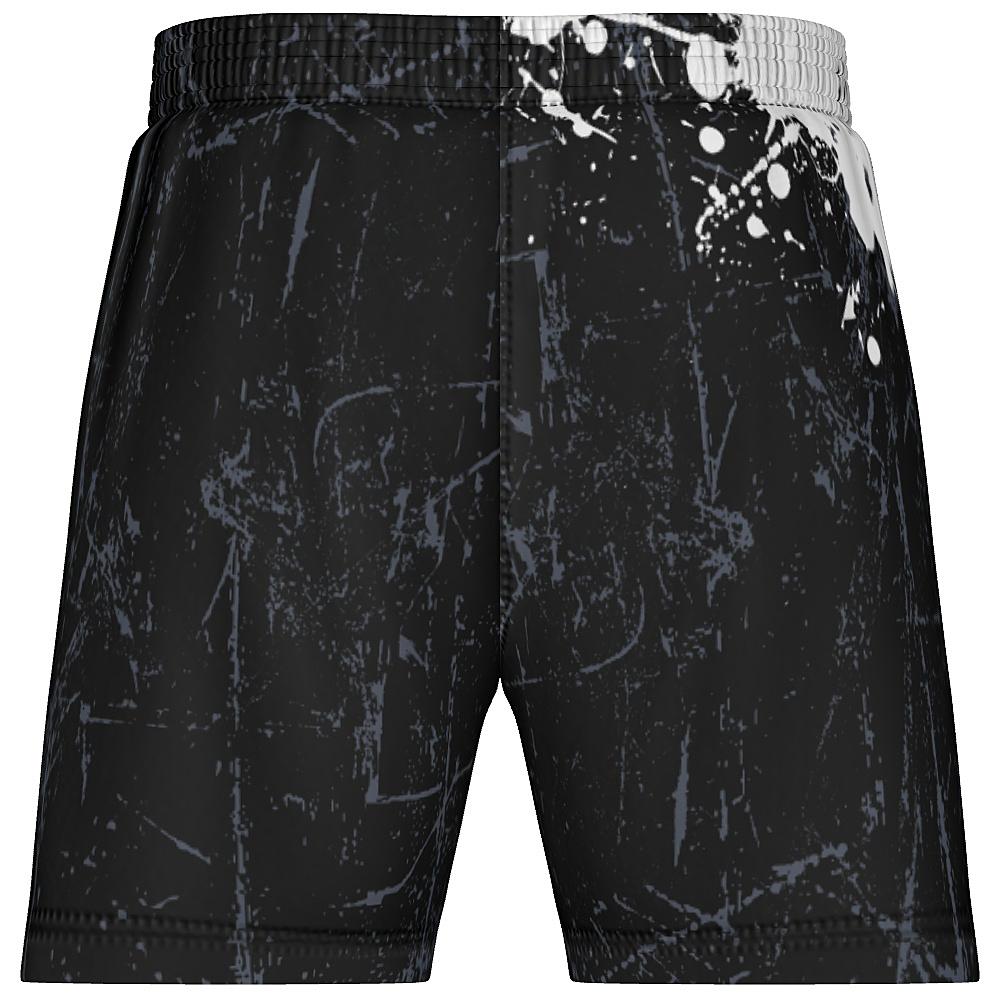 Black shorts with white and grey distressed design on a white background