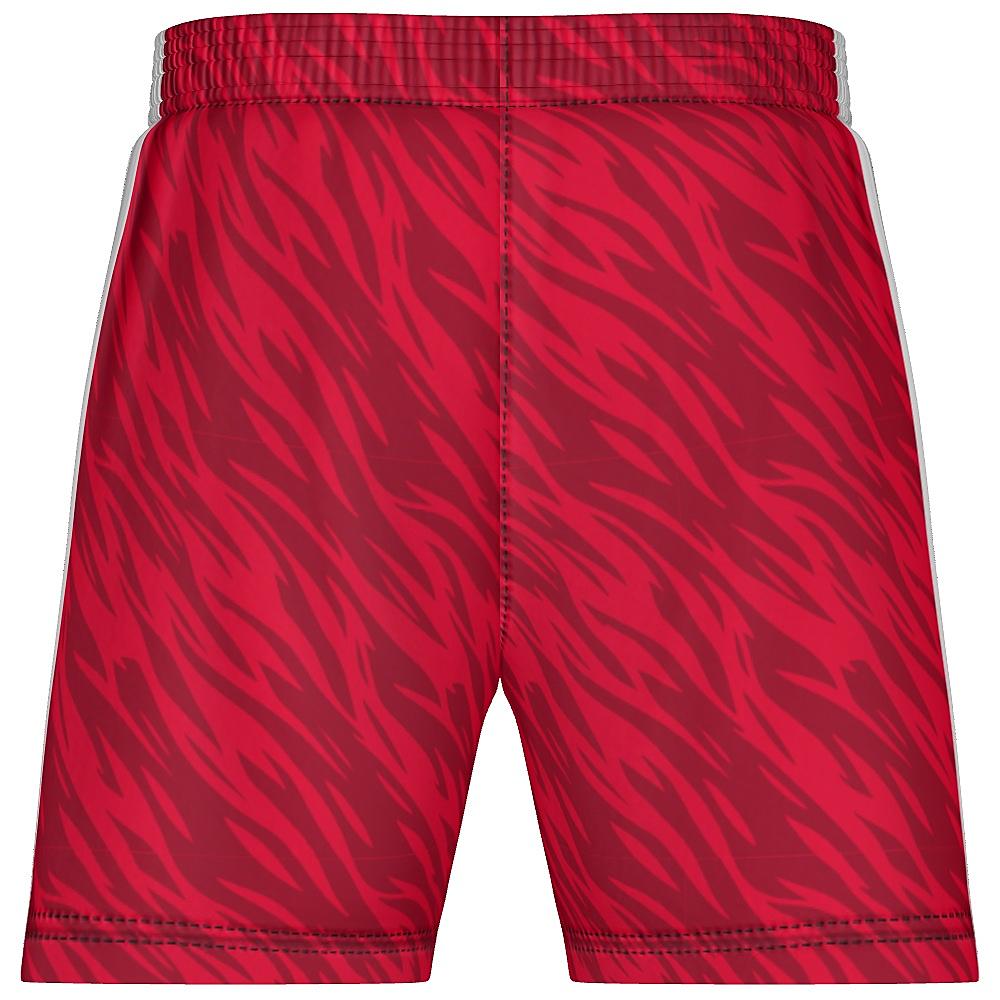 Red shorts with wavy design and white accents on a white background