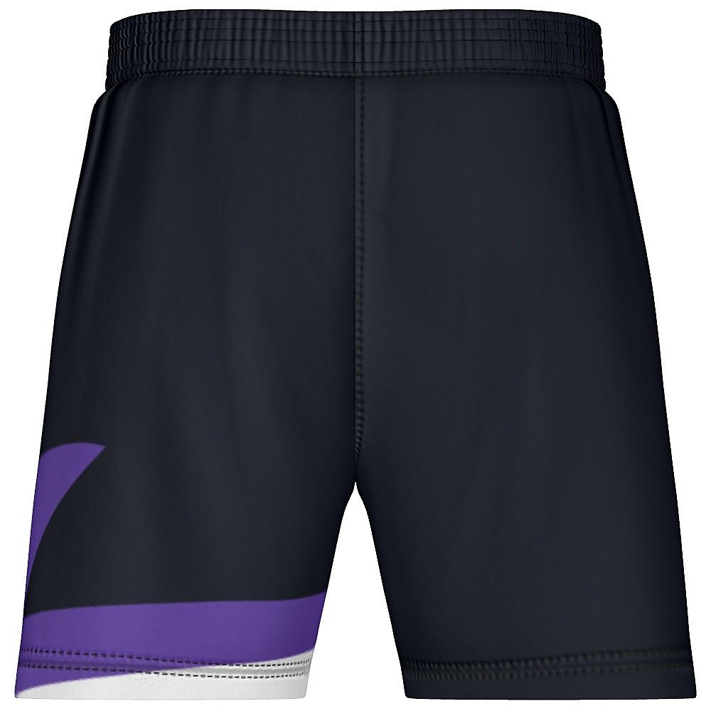 Black shorts with white and purple accents on a white background
