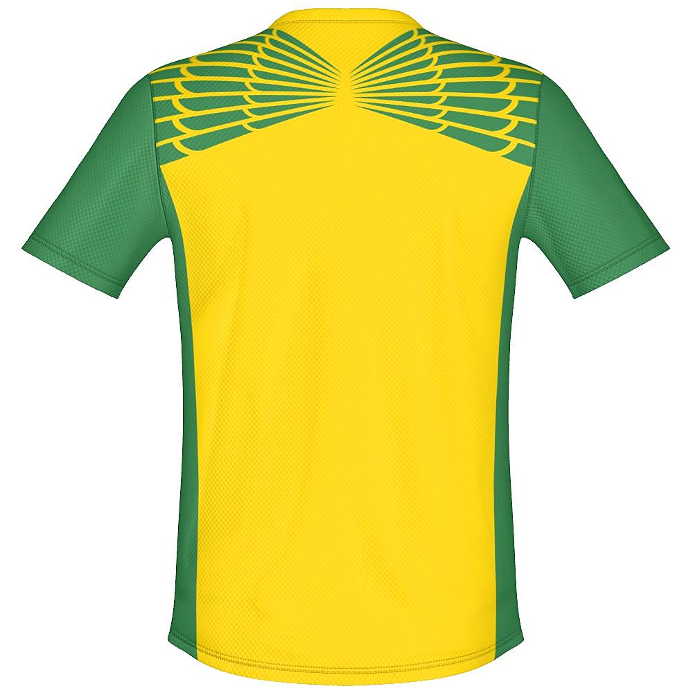 Yellow and green shirt with feather design on upper chest and shoulders