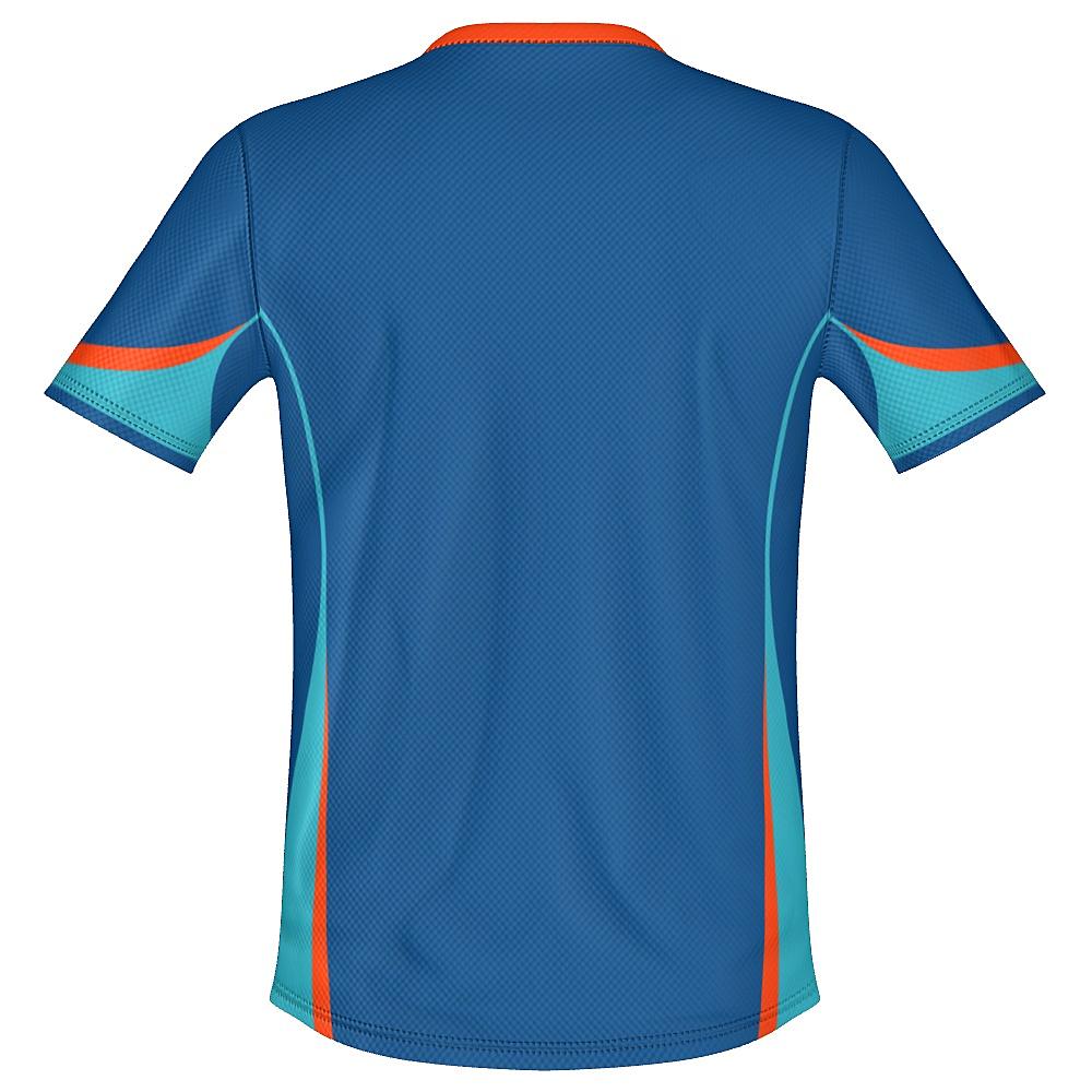 Blue shirt with teal and orange accents on a white background
