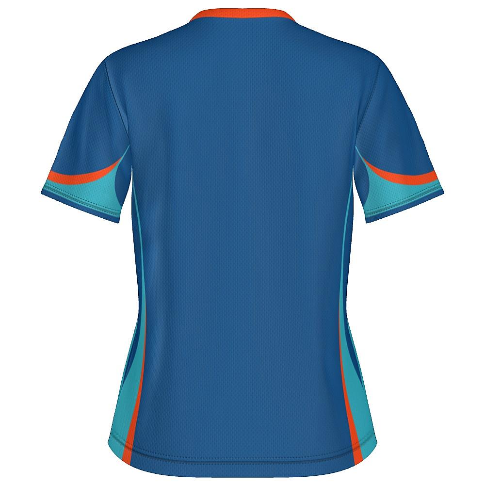 Blue shirt with teal and orange accents on a white background