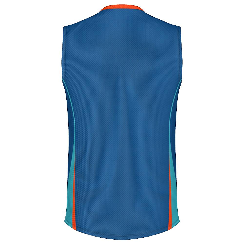 Blue sleeveless shirt with teal and orange accents on a white background