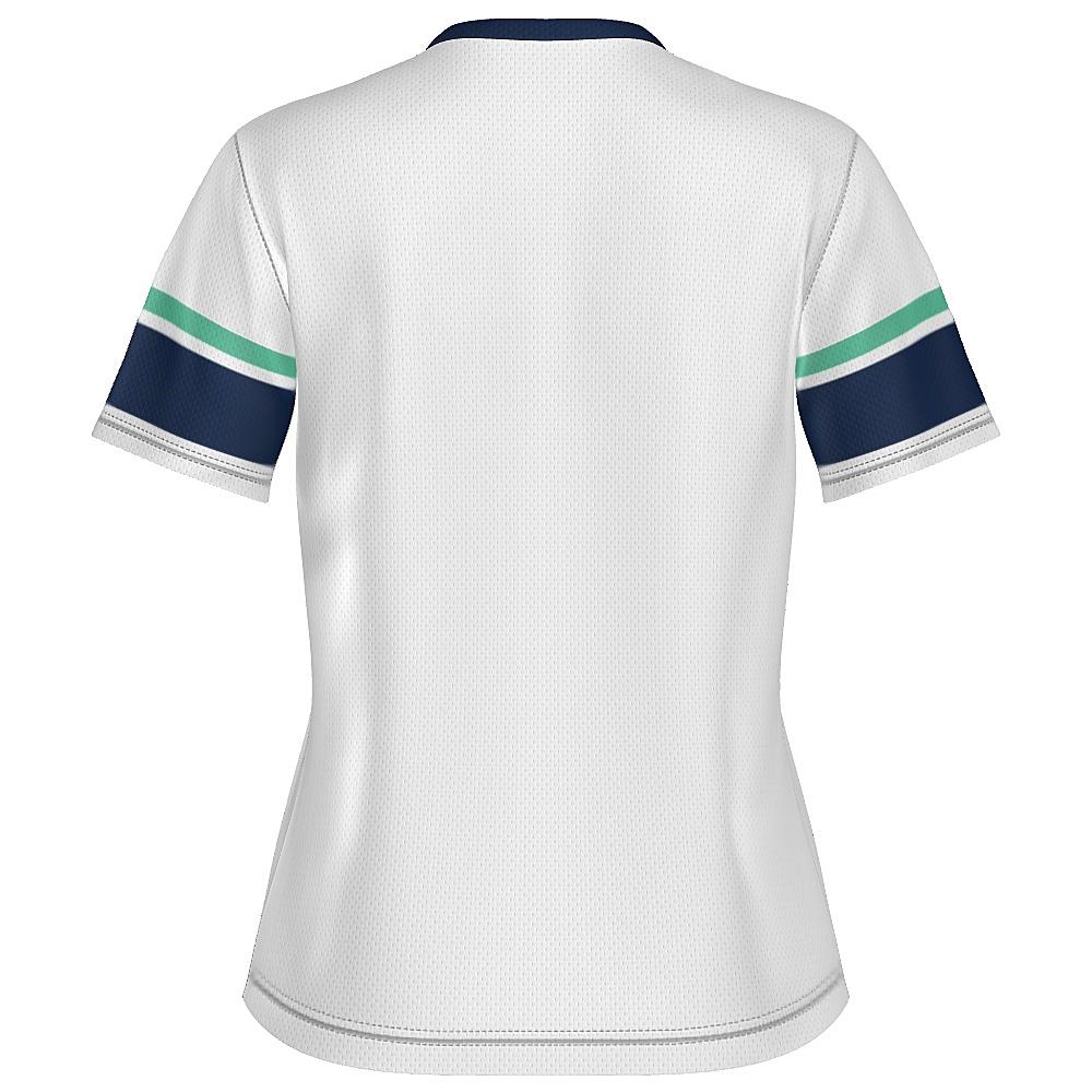 White shirt with navy and green accents on a white background