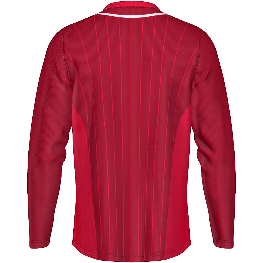 Red long-sleeve shirt with pinstripe design on a white background