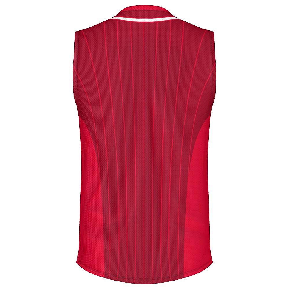 Red sleeveless shirt with pinstripe design on a white background