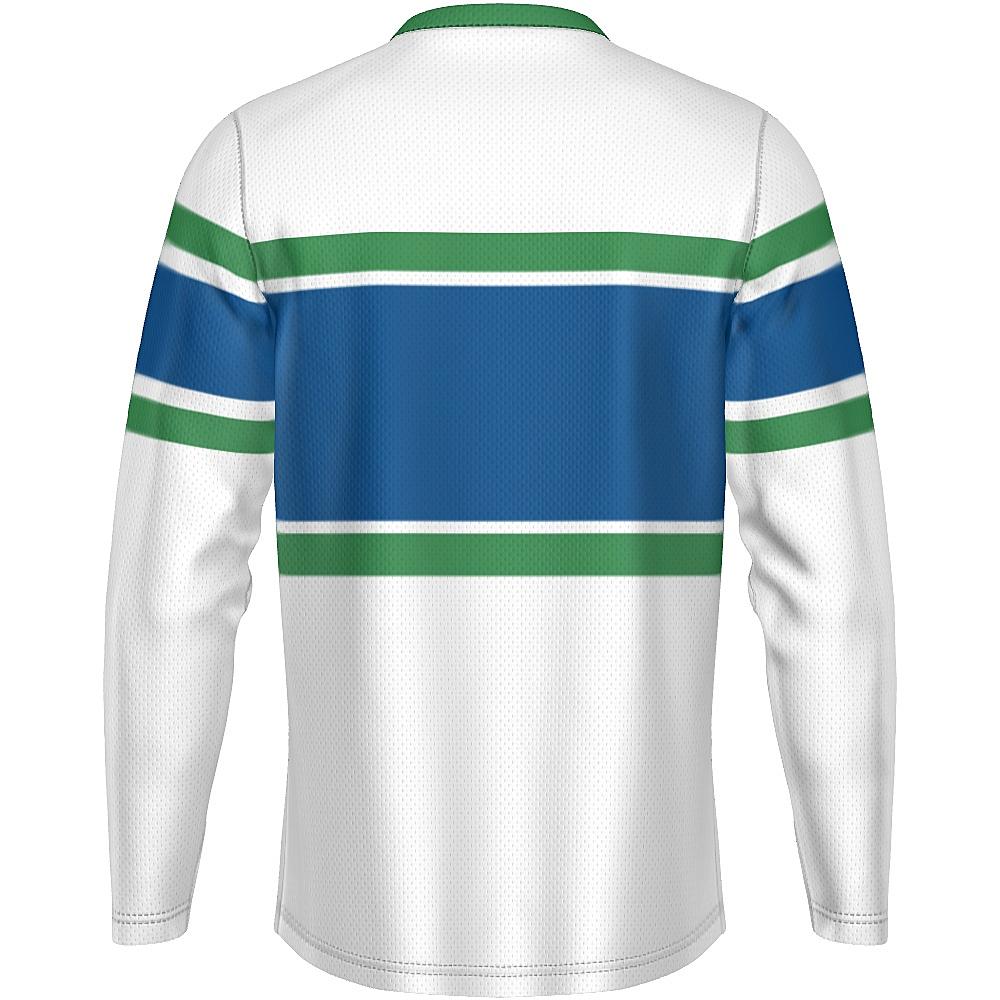 White, blue and green long-sleeve shirt on a white background
