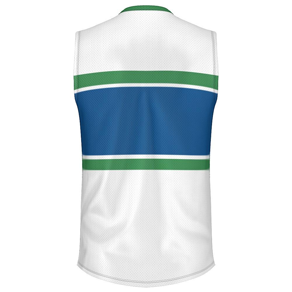 White, blue and green sleeveless shirt on a white background